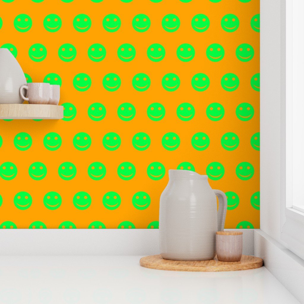 Neon Green Smiley Faces on Bright Orange Background Wallpaper