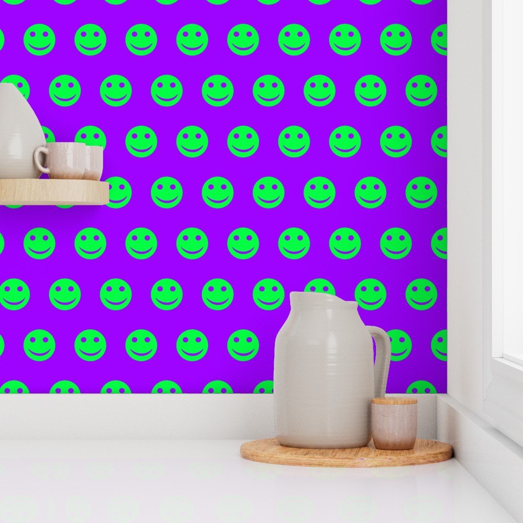 Neon Green Smiley Faces on Electric Purple Background Wallpaper