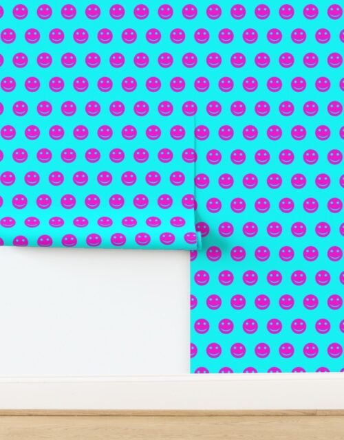 Neon Pink Smiley Faces on Bright Aqua Background Wallpaper