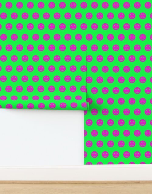 Neon Pink Smiley Faces on Bright Green Background Wallpaper
