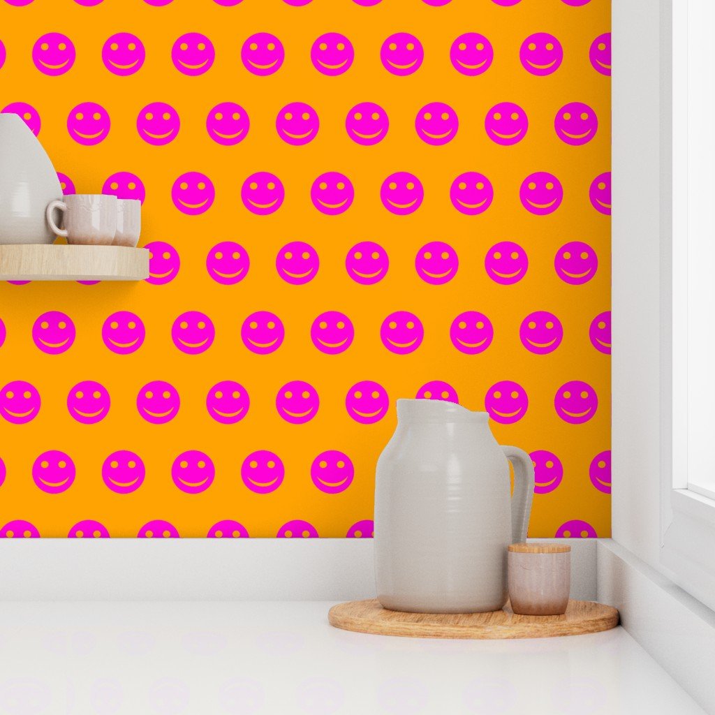 Neon Pink Smiley Faces on Vibrant Orange Background Wallpaper