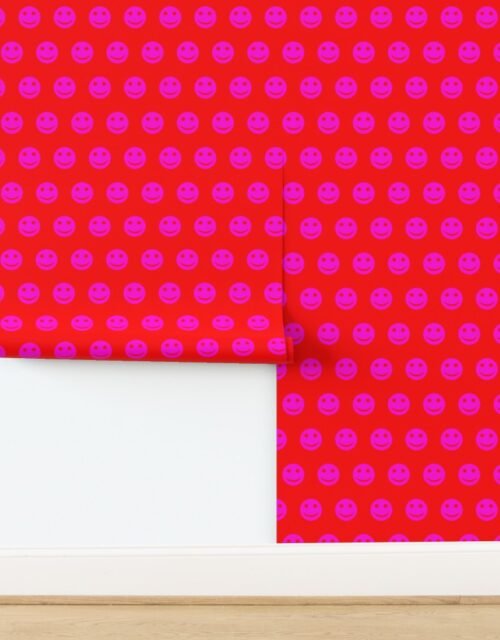 Neon Pink Smiley Faces on Bold Red Background Wallpaper
