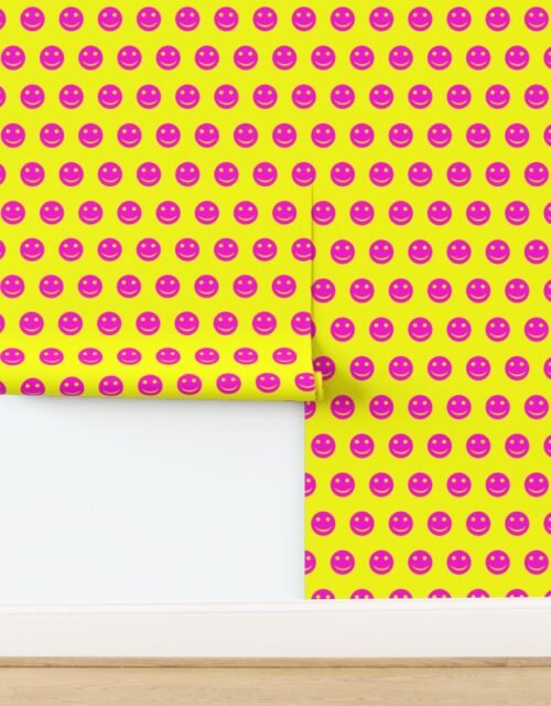 Neon Pink Smiley Faces on Bright Yellow Background Wallpaper