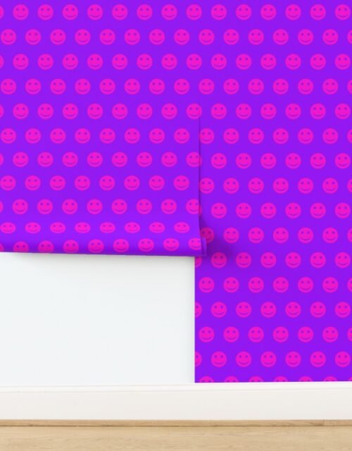 Neon Pink Smiley Faces on Vivid Purple Background Wallpaper
