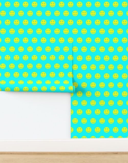 Neon Yellow Smiley Faces on Bright Aqua Background Wallpaper