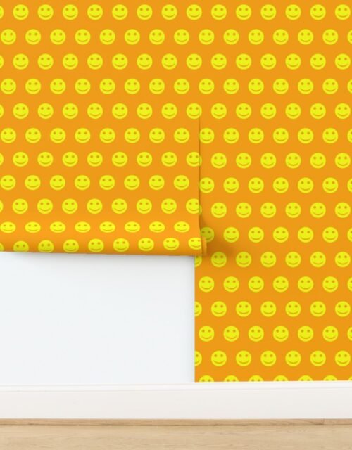 Neon Yellow Smiley Faces on Vibrant Orange Background Wallpaper