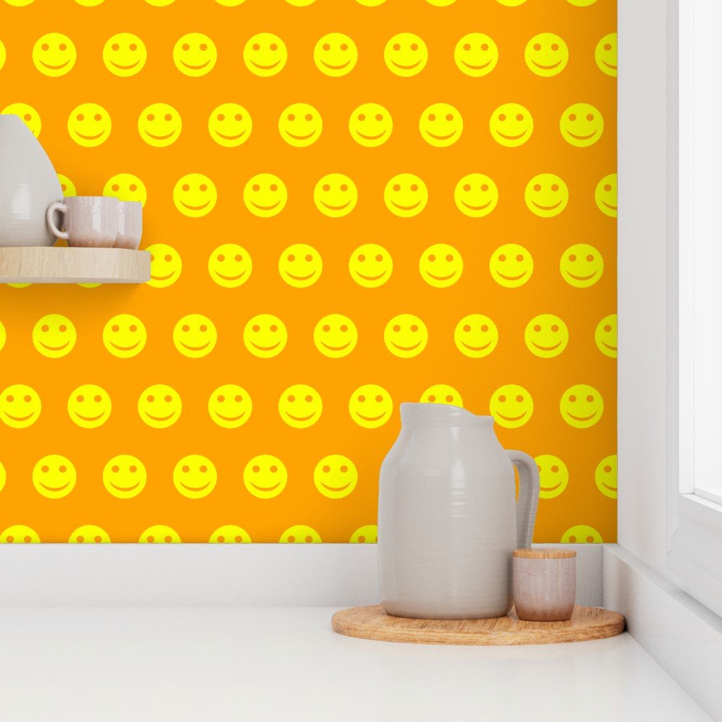 Neon Yellow Smiley Faces on Vibrant Orange Background Wallpaper