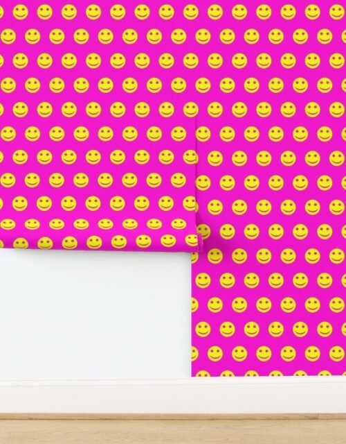 Neon Yellow Smiley Faces on Vibrant Pink Background Wallpaper