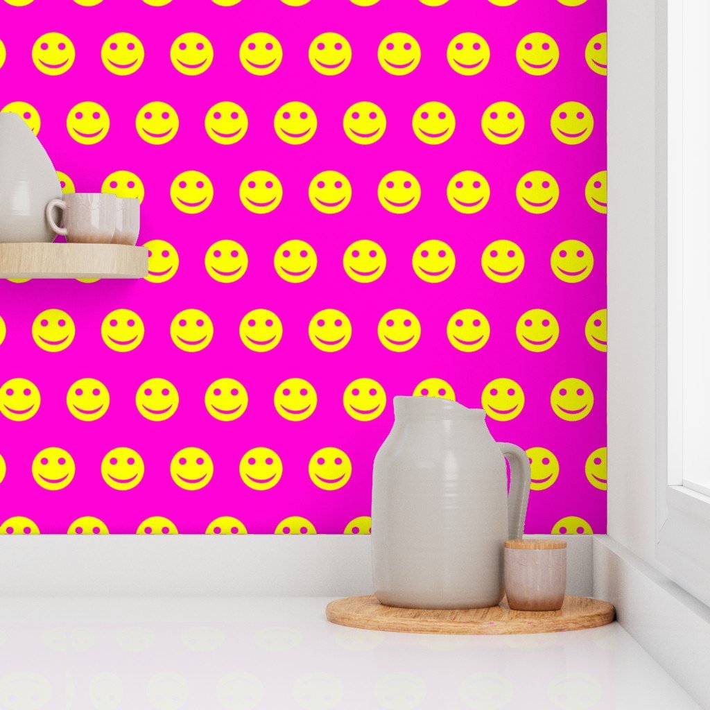 Neon Yellow Smiley Faces on Vibrant Pink Background Wallpaper