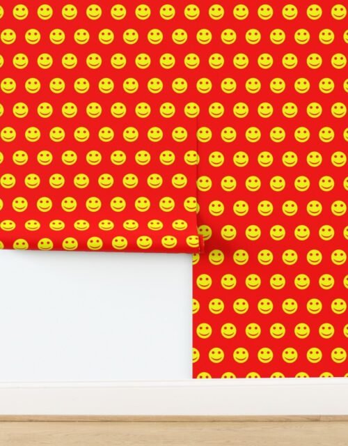 Neon Yellow Smiley Faces on Bold Red Background Wallpaper