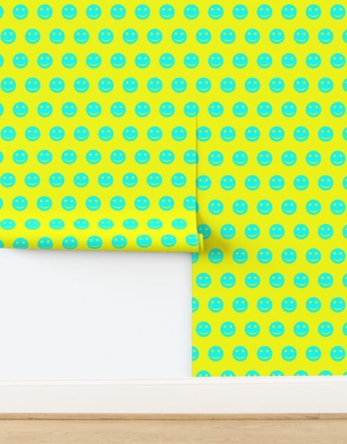 Neon Aqua Smiley Faces on Bright Yellow Background Wallpaper