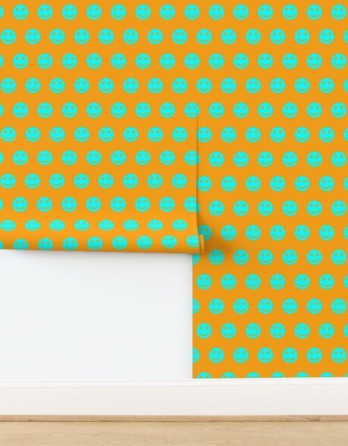 Neon Aqua Smiley Faces on Vibrant Orange Background Wallpaper