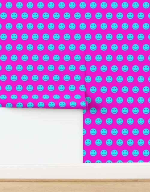 Neon Aqua Smiley Faces on Vibrant Pink Background Wallpaper