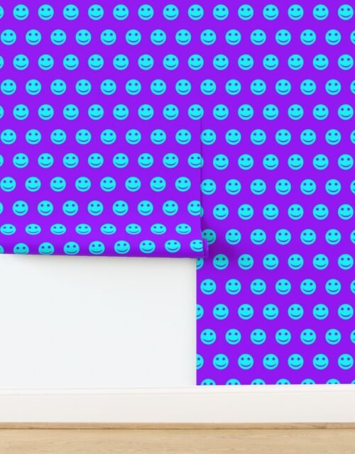 Neon Aqua Smiley Faces on Bright Purple Background Wallpaper