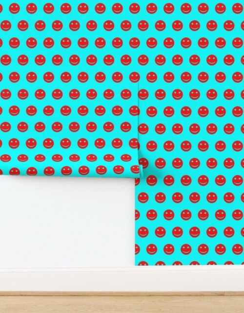 Red Smiley Faces on Bright Aqua Background Wallpaper
