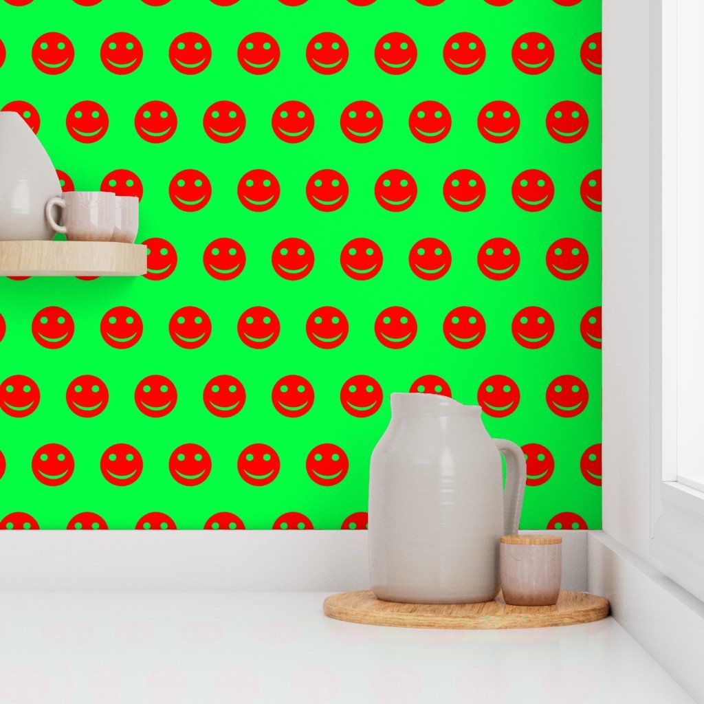 Red Smiley Faces on Bright Green Background Wallpaper
