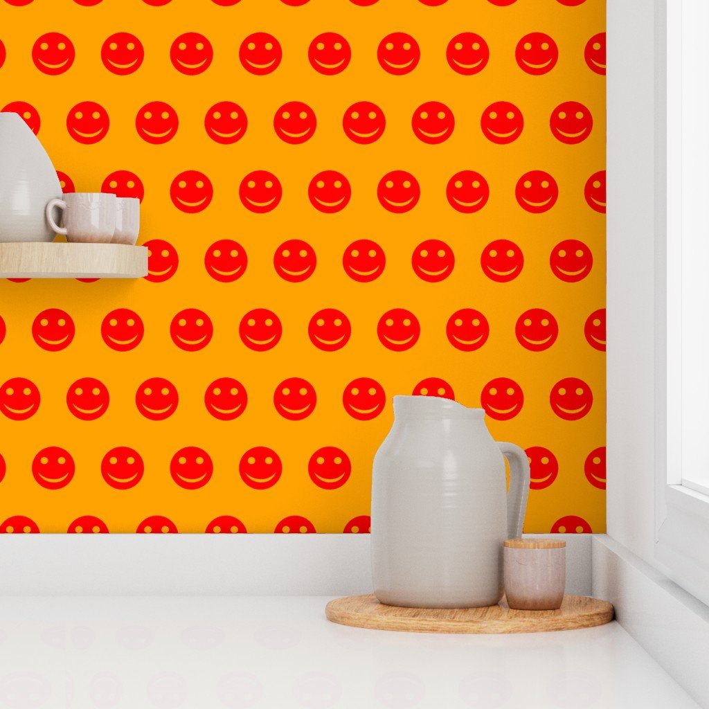 Red Smiley Faces on Vibrant Orange Background Wallpaper