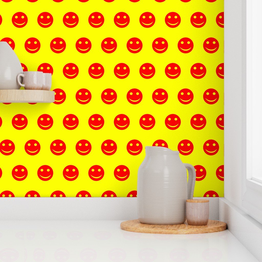 Red Smiley Faces on Bright Yellow Background Wallpaper