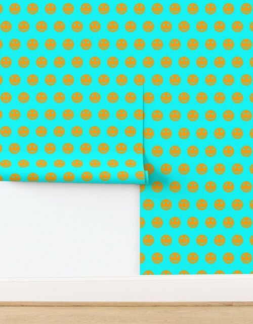Orange Smiley Faces on Bright Aqua Background Wallpaper
