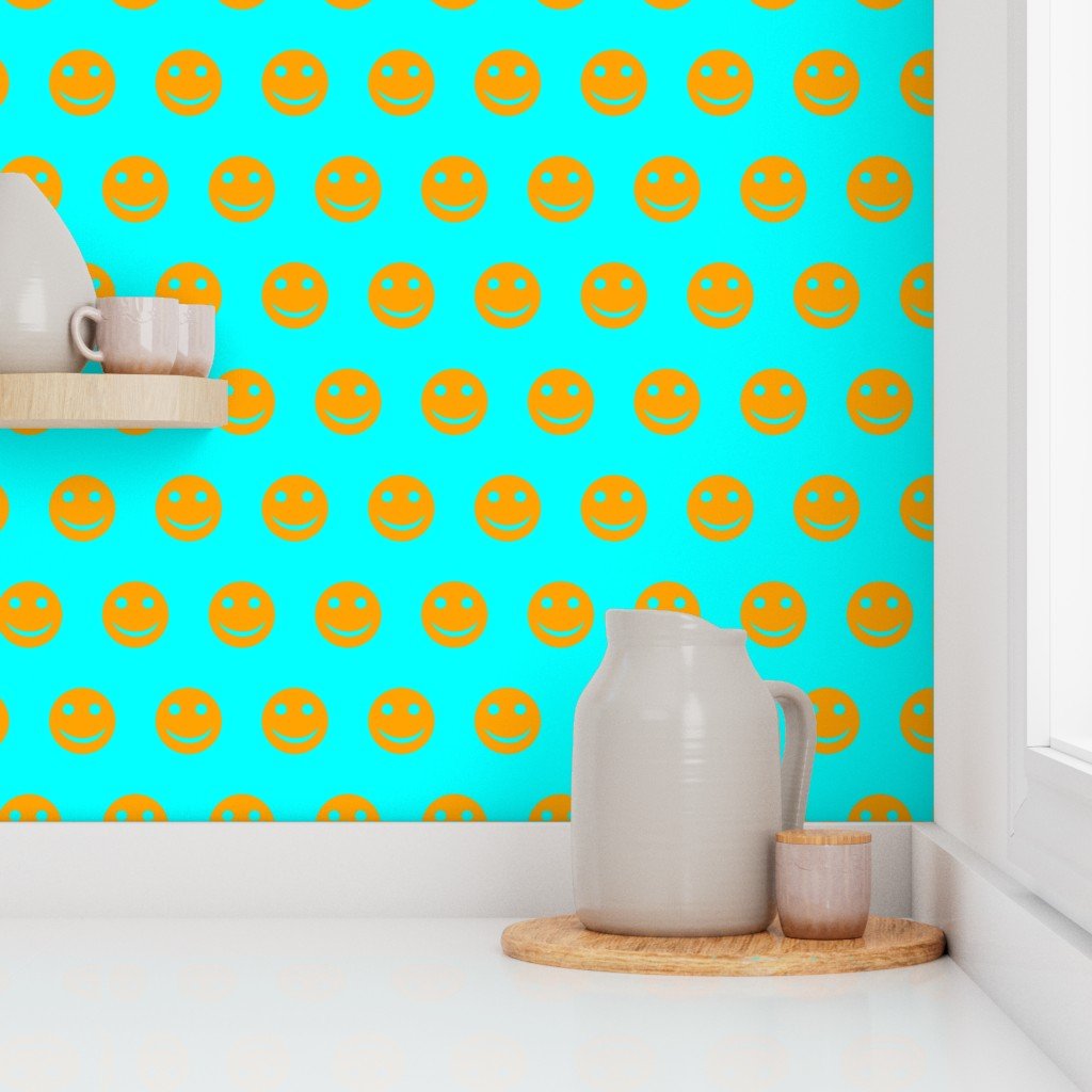 Orange Smiley Faces on Bright Aqua Background Wallpaper