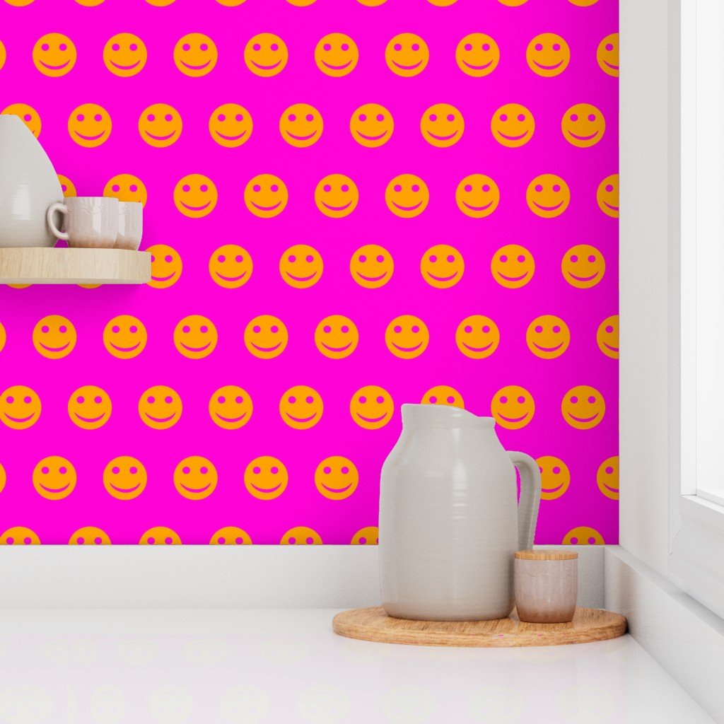 Orange Smiley Faces on Vibrant Pink Background Wallpaper