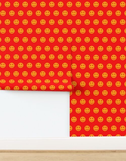 Orange Smiley Faces on Bold Red Background Wallpaper