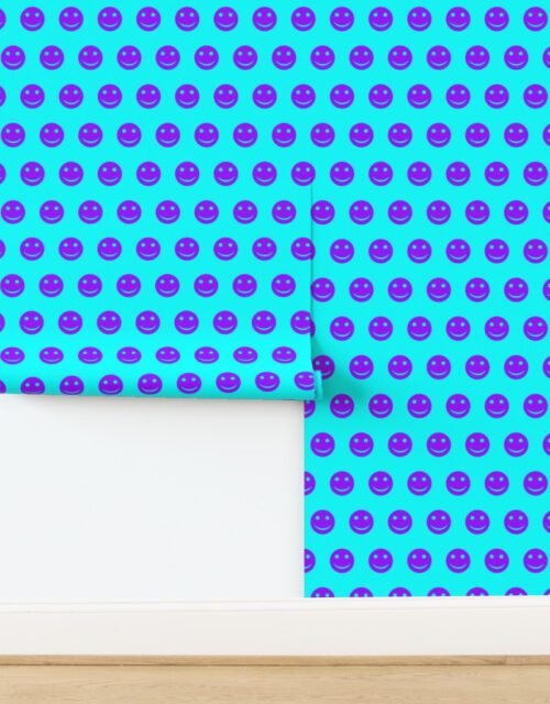 Purple Smiley Faces on Bright Aqua Background Wallpaper