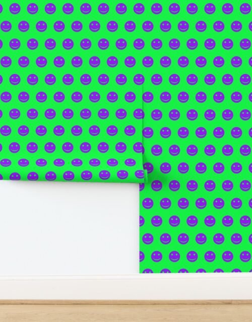 Purple Smiley Faces on Bright Green Background Wallpaper
