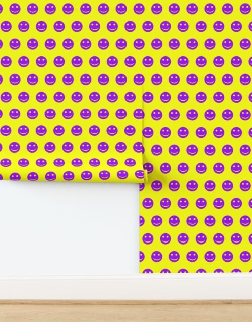 Purple Smiley Faces on Bright Yellow Background Wallpaper