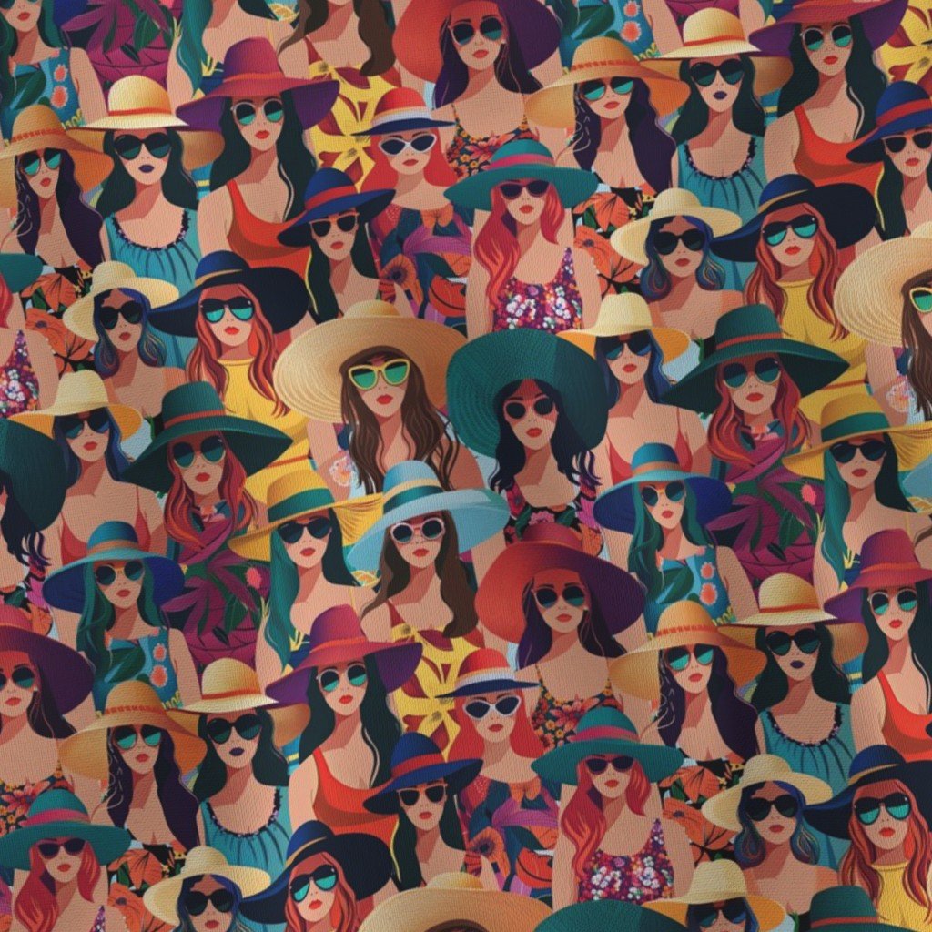 Small Women at the Beach in Summer in Sunhats and Suits Large Scale Dark