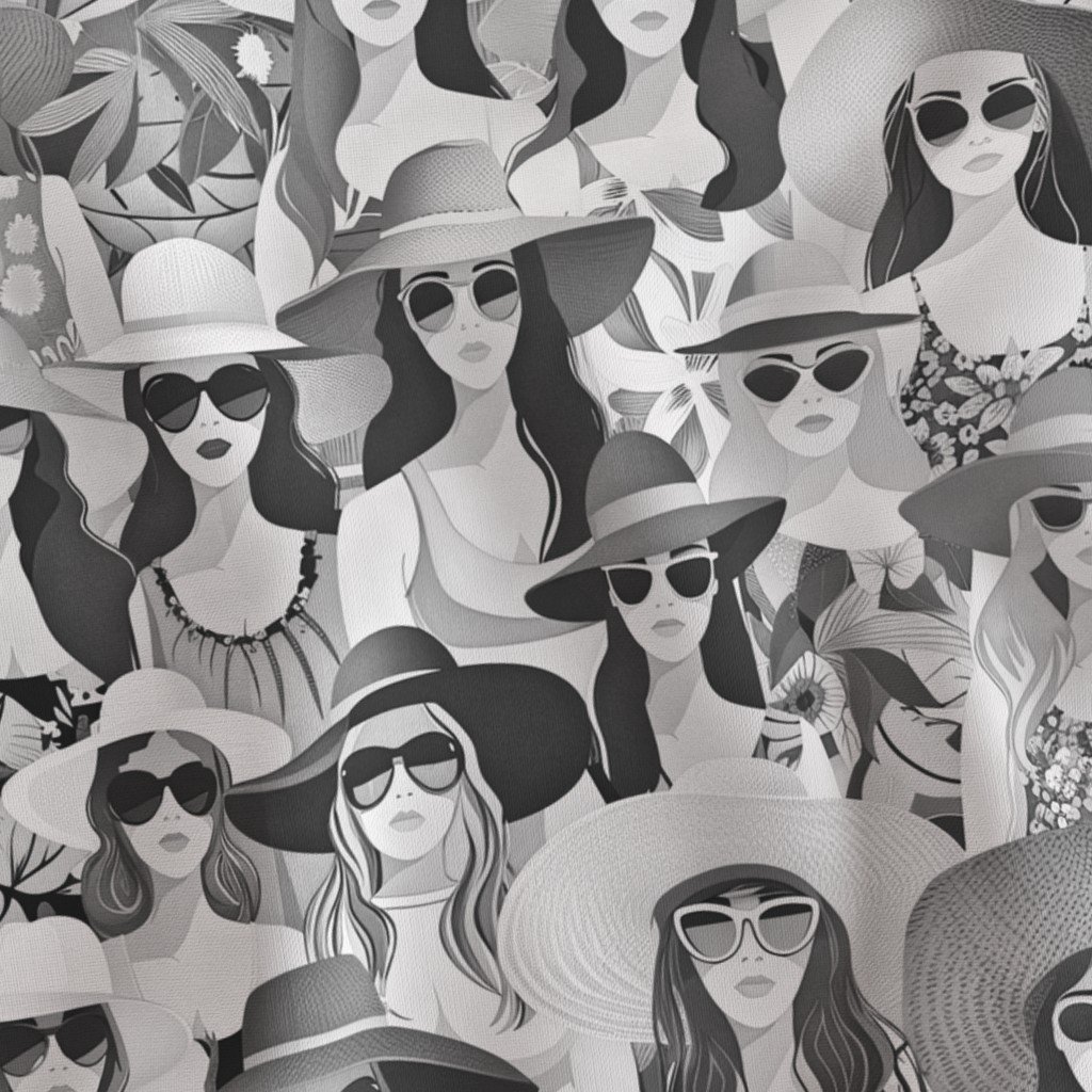 Women at the Beach in Summer in Sunhats and Suits Black and White