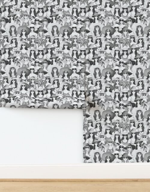 Women at the Beach in Summer in Sunhats and Suits Black and White Wallpaper