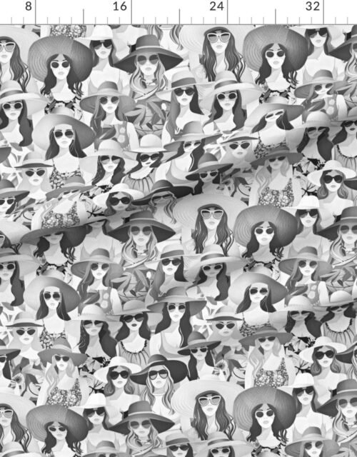 Women at the Beach in Summer in Sunhats and Suits Black and White