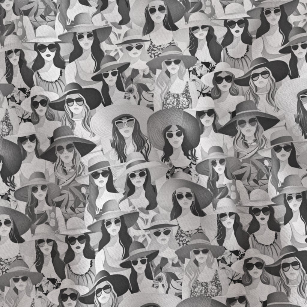 Small Women at the Beach in Summer in Sunhats and Suits Black and White