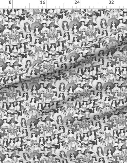 Small Women at the Beach in Summer in Sunhats and Suits Black and White