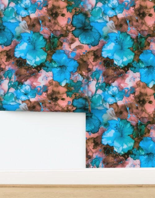Hawaiian Alcohol Ink Hibiscus Print in Aqua Blue Wallpaper