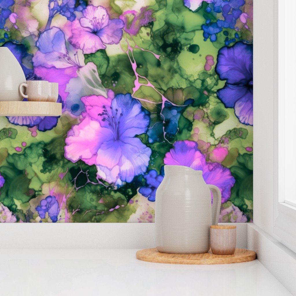Hawaiian Alcohol InkHibiscus Print in Pink Lilac Wallpaper