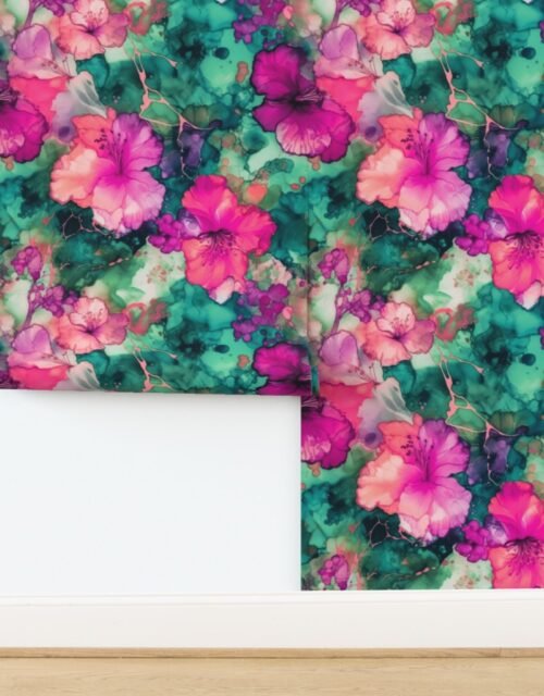 Hawaiian Alcohol Ink Hibiscus Print in Rose Pink Wallpaper