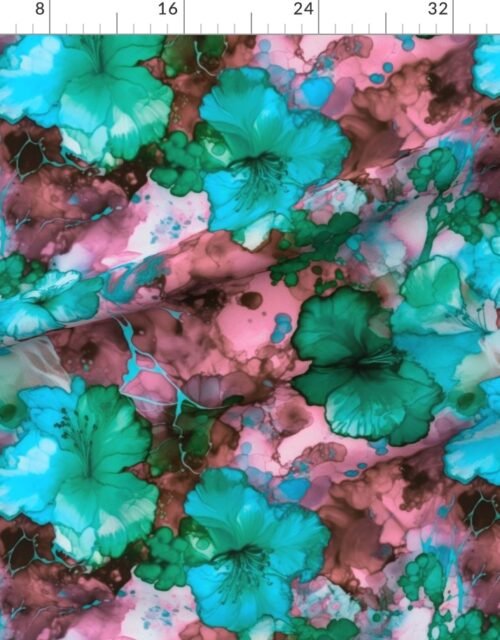 Hawaiian Alcohol Ink Hibiscus Print in Aqua Green