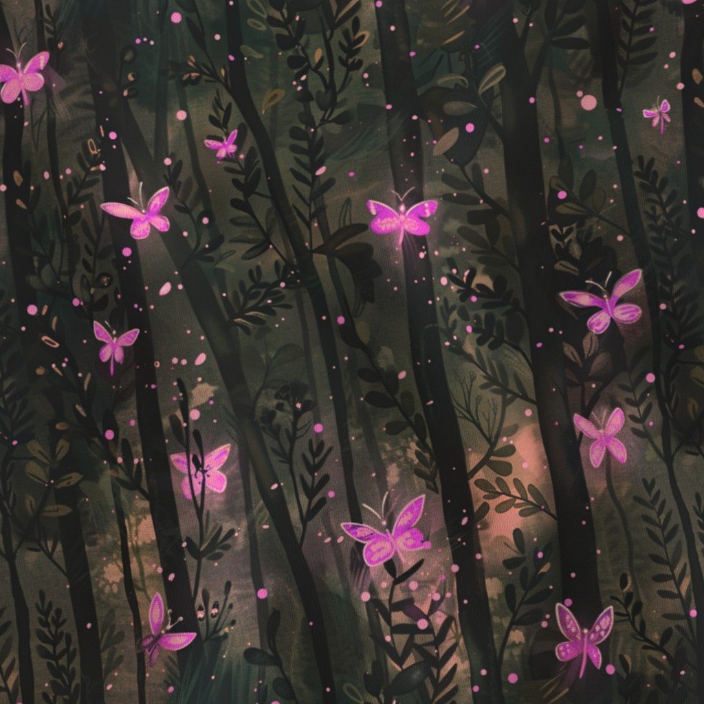 Pink Fireflies and Butterflies in a Mystical Forest