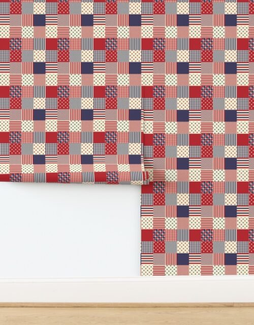 Faded Antique USA Mini Flag Patchwork Quilt Squares Wallpaper
