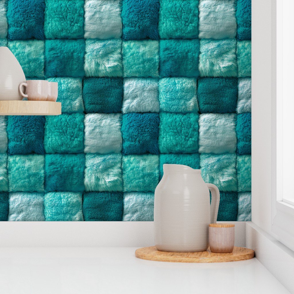 Turquoise Faux Fur Patchwork Fabric – Luxurious Plush Texture Wallpaper
