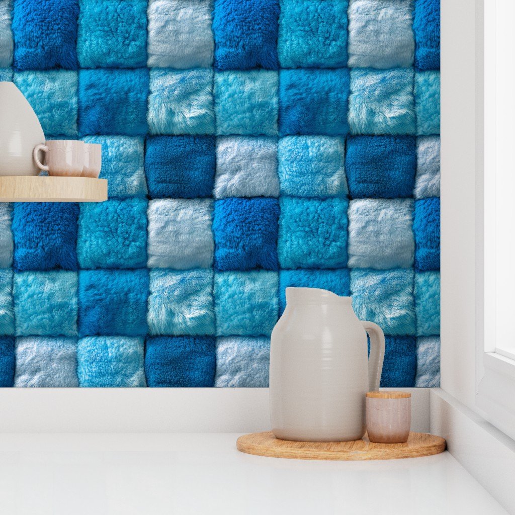 Large Royal Blue Faux Fur Patchwork Fabric – Luxurious Plush Texture Wallpaper