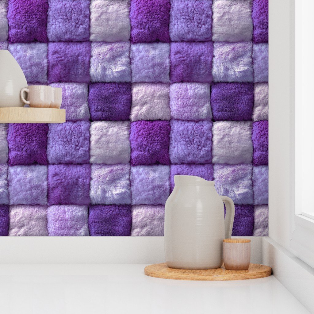 Large Violet Faux Fur Patchwork Fabric – Luxurious Plush Texture Wallpaper