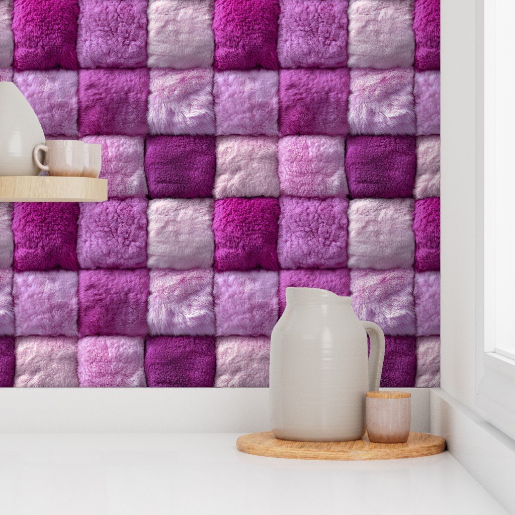 Large Magenta Pink Faux Fur Patchwork Fabric – Luxurious Plush Texture Wallpaper