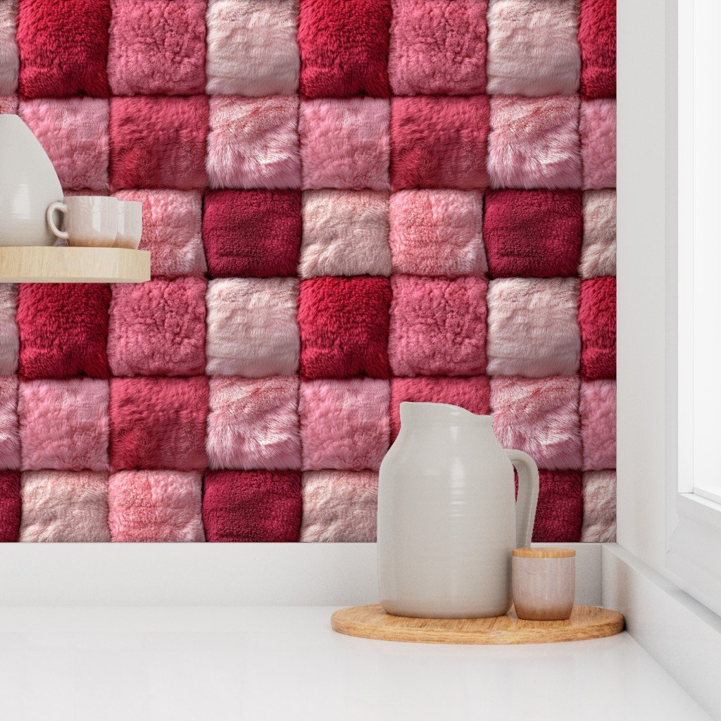 Red and Blush Christmas Faux Fur Patchwork – Luxurious Plush Texture Wallpaper