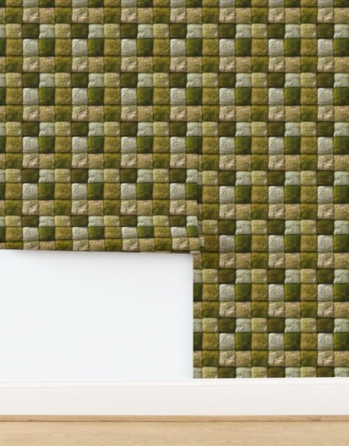 Small Forest Green and Ivory Faux Fur Patchwork - Luxurious Plush Texture Wallpaper