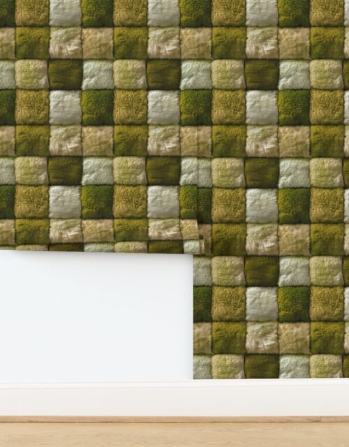 Large Forest Green and Ivory Faux Fur Patchwork - Luxurious Plush Texture Wallpaper