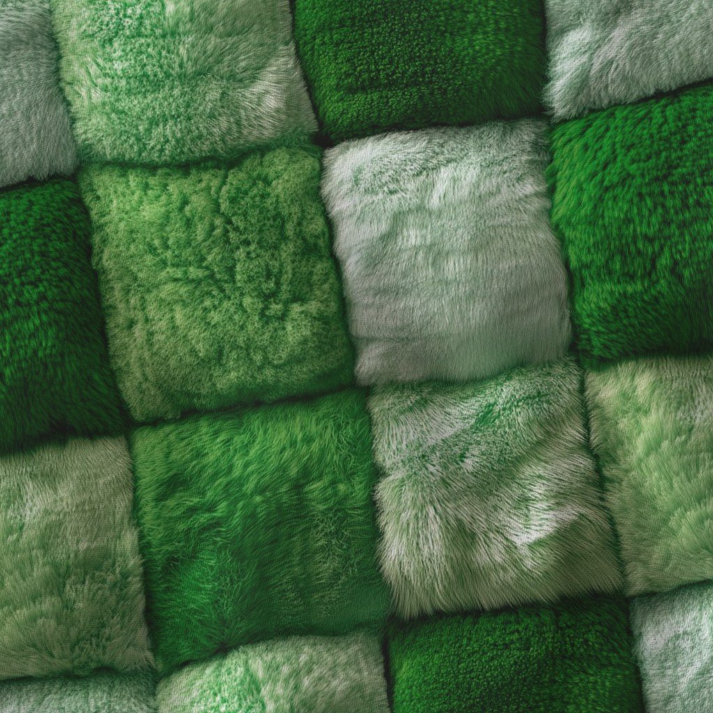 Large Emerald and Ivory Faux Fur Patchwork Fabric – Luxurious Plush Texture