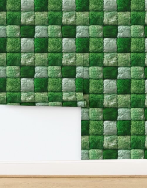 Large Emerald and Ivory Faux Fur Patchwork Fabric - Luxurious Plush Texture Wallpaper